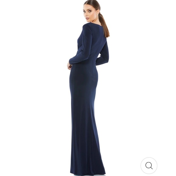 Mac Duggal Navy Blue Long Sleeve Ruched V Neck Gown Style #26573 - Picture 2 of 12